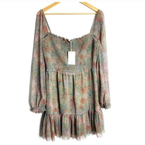 NWT Aritzia Wilfred Tempest Dress Plus Size Sage Multi Long Sleeve Shirred Top - Picture 2 of 16